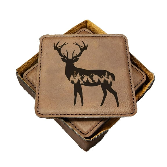 Deer Forest Silhouette - Handmade Coasters Set of 6 - Engraved Barware Decorations - Leather Bar Decor - Man Cave Father's Day Present