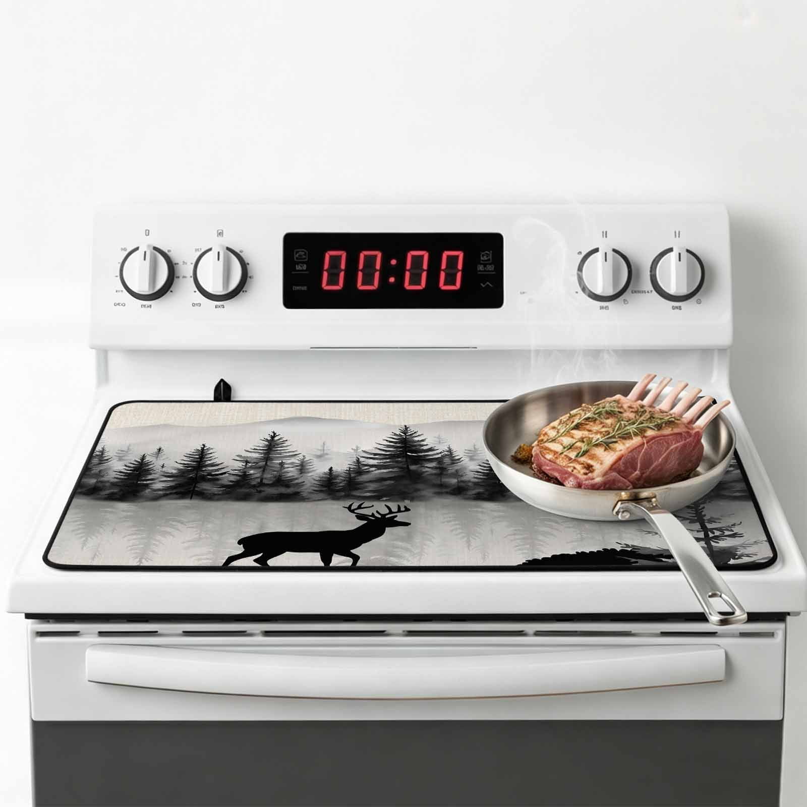 Deer Forest Stove Top Cover for Electric Stove, Heat-proof & Non Slip Glass Top Stove Cover Protector, Farmhouse Vintage Nature Trees Mountain Kitchen Flat Cooktop Rubber Mat 24x21 Inches