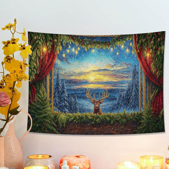 Deer Forest Sunset Tapestry, Colorful Nature Wall Art for Christmas, Rustic Home Decor for Living Room, Bedroom, Dorm 40x30 Inch