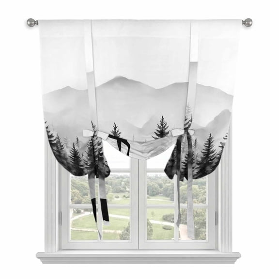 Deer Forest Tie Up Curtains for Windows, Adjustable Rod Pocket Valance Shade, Retro Country Trees Mountain Nature Scenery Light Filtering Window Treatment for Kitchen Bedroom Living Room 34"x 45"