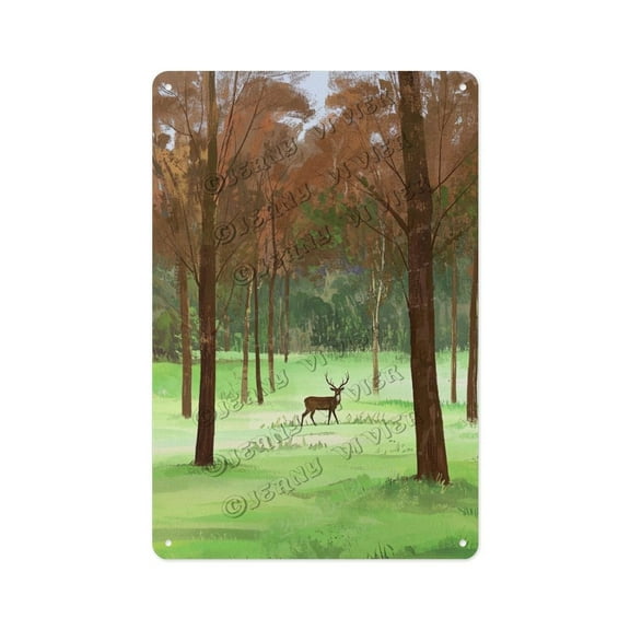 Deer in The Forest Tin Sign Rustic Cabin Lodge Wall Decor, Vintage Country Farmhouse Style, Nature Wildlife Aluminum Art for Home, Porch, Garden, Living Room, 8x12 Inch
