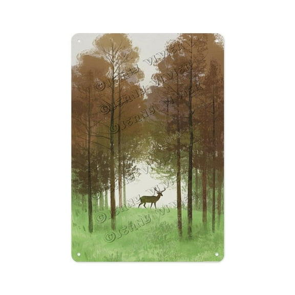 Deer in The Forest Tin Sign Rustic Vintage Wall Art for Cabin, Lodge, Farmhouse Decor, Aluminum Metal Plaque for Home, Living Room, Porch, 12x16 Inch, Country Nature Scene