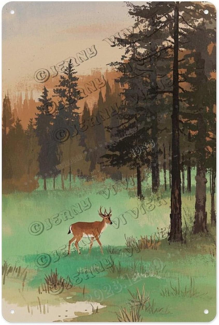Deer in The Forest Tin Sign - Rustic Wildlife Aluminum Metal Decor for ...