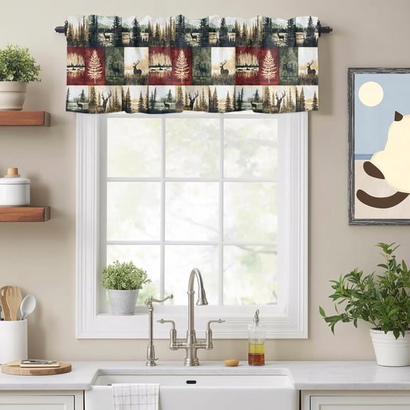 Deer Forest Tree Shadows Valances for Windows,Kitchen Valance Rod Pocket Short Curtain, Collage Style Valance Curtain Window Valances for Bedroom Bathroom Living Room 54x18in