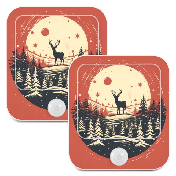 Deer Forest Trees Sun Night Lights Plug into Wall LED with Auto Light Sensor Warm Light for Kids Hallway Bedroom Living Room Kitchen Bathroom Set of 2