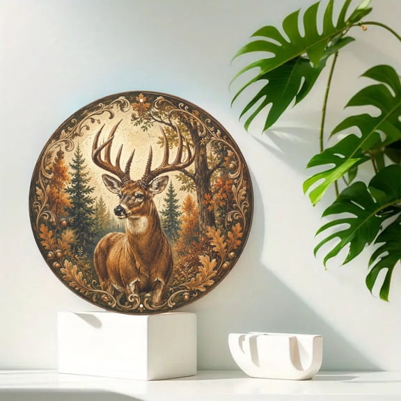 Deer Forest Wildlife Round Metal Tin Sign For Cabin Wall Decor 8x8 Inch Round