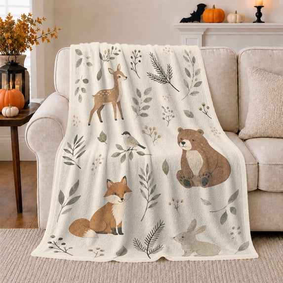Deer Fox Bear Bunny and Songbird among Sage Leaves and Berries, Serene Watercolor Woodland Art for Nature Lovers, Soft Flannel Blanket for Nursery and Bedroom, Baby Shower Gift, Home Decor