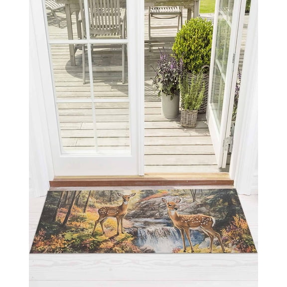 Deer Front Door Mat Forest River Landscape Welcome Doormat Indoor Outdoor Entrance Floor Mat Non-Slip Washable Runner Rug for Front Porch Decor 24x71 Inch