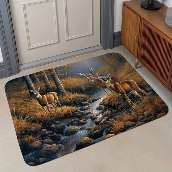 Deer in Front Door Mat Indoor Entrance, Sunset Forest with Stream and Trees Absorbent Dirt Resist Welcome Mats Non-Slip Low-Profile Doormat Washable Entry Rug Indoor Outdoor 17x30 Inch