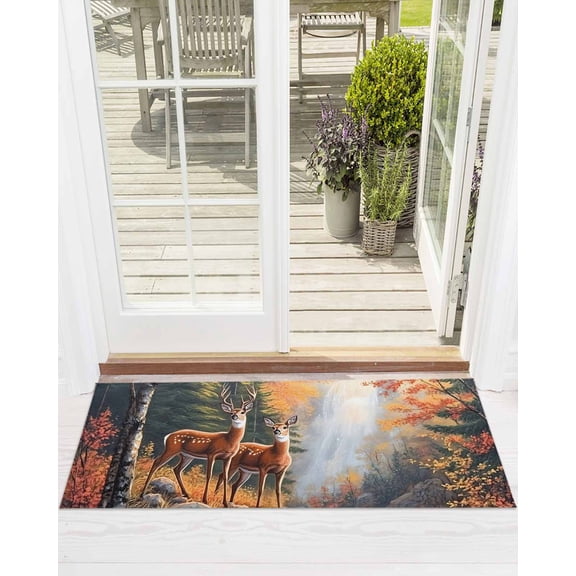 Deer Front Door Mat Vintage Wildlife Rustic Welcome Doormat Indoor Outdoor Entrance Floor Mat Non-Slip Washable Runner Rug for Front Porch Decor 24x71 Inch