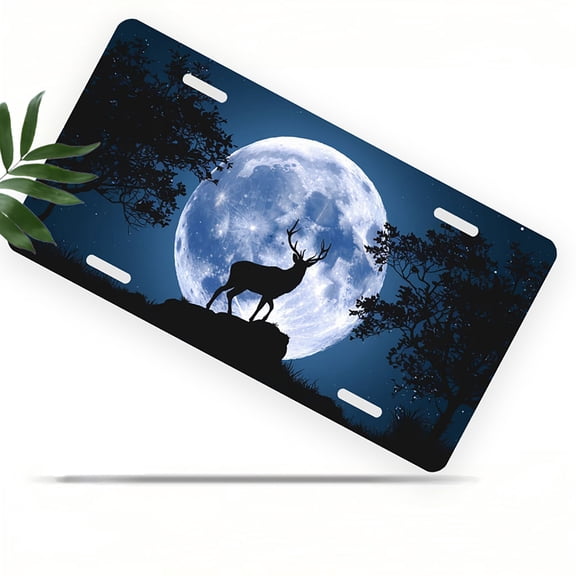 Deer under Full moon Front License Plate, Metal License Plate, Funny Standard Plates Personalized Novelty Decorative For Men/Women/Boys/Girls Car 6×12 Inch