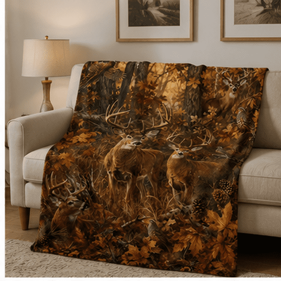 Deer and Game Bird Throw Blanket, Four Whitetail Bucks with Pheasant, Quail, Fall Leaves and Pinecones for Sofa, Bed and Rustic Woodland Decor, 50 x 60 in