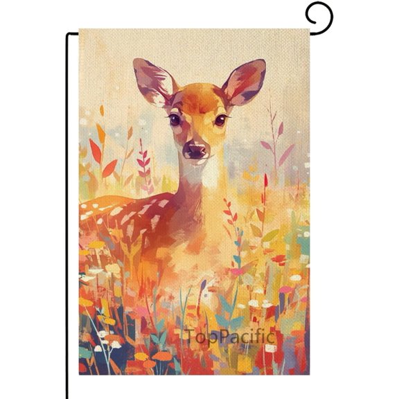 Deer Garden Flag Colorful Drawing with Flowers Garden Flag Vertical Double Sided Spring Summer Garden Flag Seasonal Rustic Yard Lawn Outdoor Decor 12x18 Inches(6580)