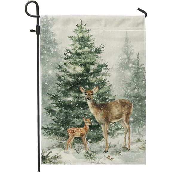 Deer Garden Flag, Winter Rustic Fawn and Pine Tree Design, Double Sided Burlap Small Yard Flag for Outdoor Porch Lawn Patio Deck, 12 x 18 Inch