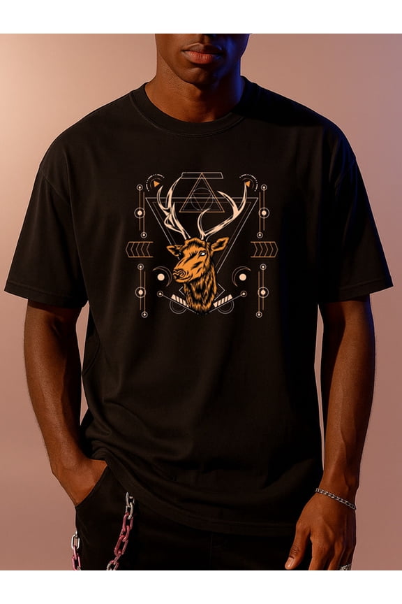 Deer Geometric Tee Christmas t shirt funny t shirts for men 180G 100% Cotton black summer and spring season Comfortable activewear, perfect for gifts Daytime and weekend wear elegant glitter Christm