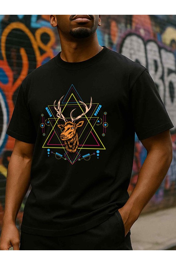 Deer Geometric Tee Christmas t-shirts cotton tshirts mens 180G 100% Cotton black Comfortable activewear, perfect for gifts Weekend casual wear Everyday and weekend wear Wearable year-round beach Chr