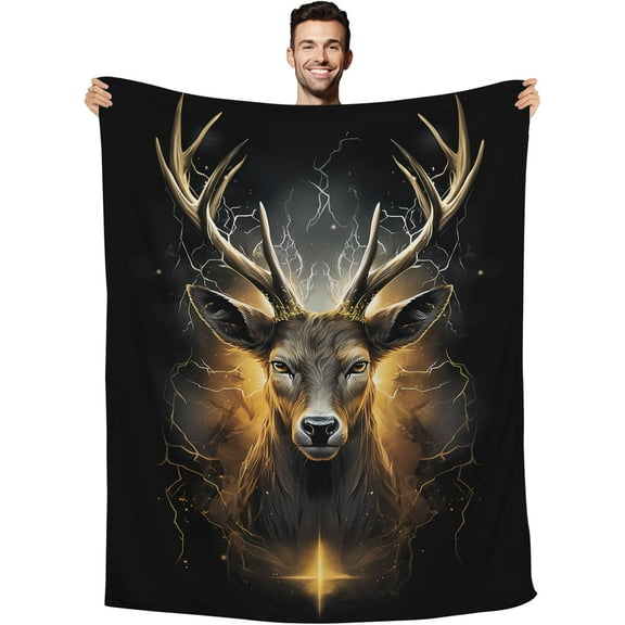 Deer Gifts Blanket, Cool Black Gold Fire Lightning Deer Blankets, Deer Gifts for Men Women Kids, Funny Deer Hunting Gifts, Gifts for Hunters, Deer Lover Gifts Deer, Hunter, 50"X40"