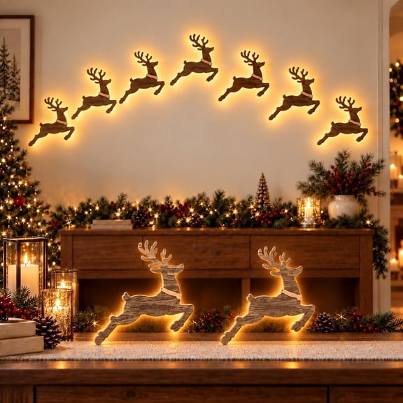 Deer Glow LED Christmas Reindeer Wall Decorations 3D Wooden Light Up Decor Indoor Home Display Seasonal Holiday Accent Hanging Ornament for Fireplace Window Living Room Entryway Party Festive Scene