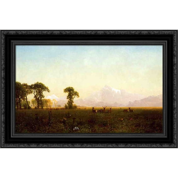 Deer Grazing, Grand Tetons, Wyoming 24x18 Black Ornate Wood Framed Canvas Art by Bierstadt, Albert
