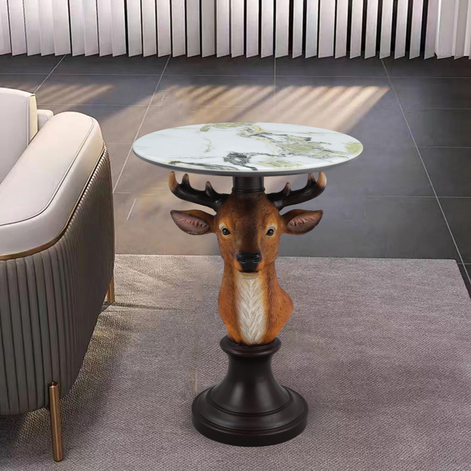 Deer Head Accent Table, Animal Statue End Table with Faux Marble Top, Resin Sculpture Side Table for Living Room, Cabin, Lodge, Rustic Decor, Brown