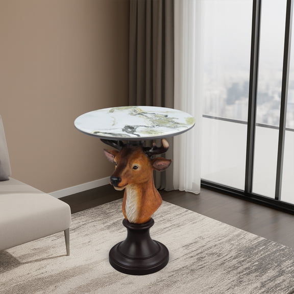 Deer Head Accent Table Animal Statue End Table with Round Faux Marble Top for Living Room, Home Decor