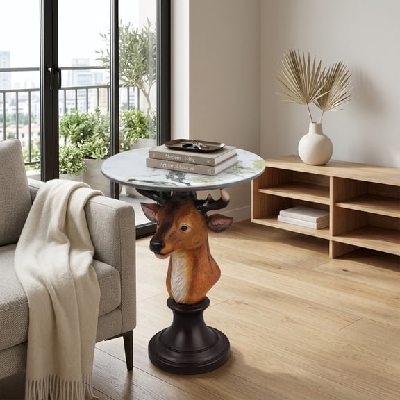 Deer Head Accent Table with Faux Marble Top - Animal Statue End Table for Living Room