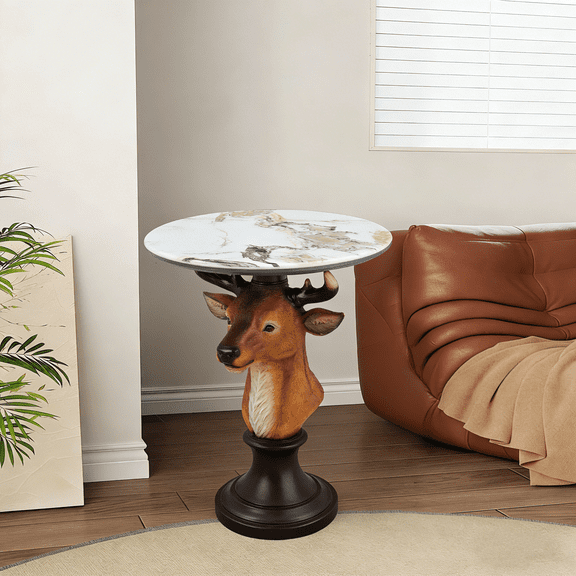 Deer Head Animal Statue End Table | Solid Resin Accent Table for Living Room, Elegant Sculpture Side Table for Home Decor