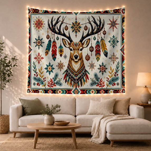 Deer Head with Antlers and Hanging Feathers, Warm Rustic Style for Wildlife Lovers, Wildlife Wall Art Housewarming Gift, Tapestry Wall Hanging for Bedroom and Dorm