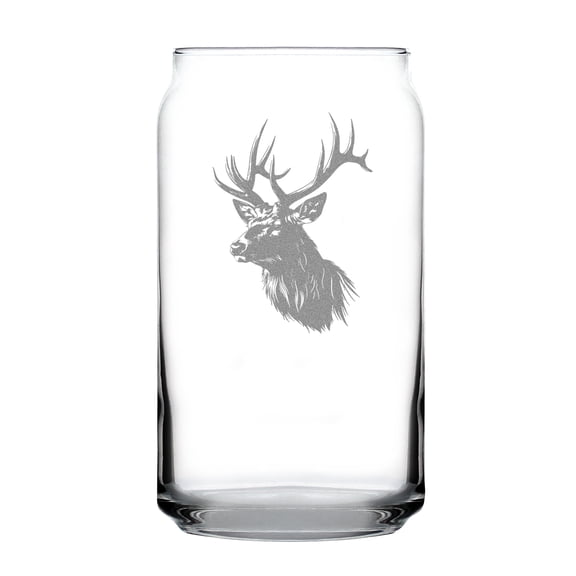 Deer Head Beer Glass, Etched Elk Engraved Stag Pint 16oz Can-Shaped Drinking Unique Wildlife Gift for Him
