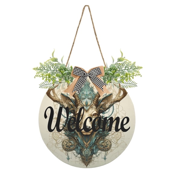 Deer Head Brown Welcome Sign for Front Door Wreath Door Sign for Farmhouse Porch Decoration Indoor Outdoor