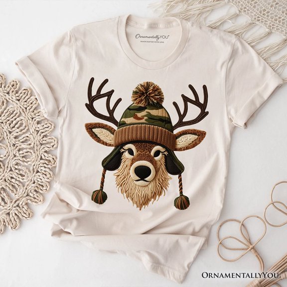 Deer Head Camo Hat Christmas T-Shirt, Imitation Latch Hook Yarn Cozy Hunting Season Tee