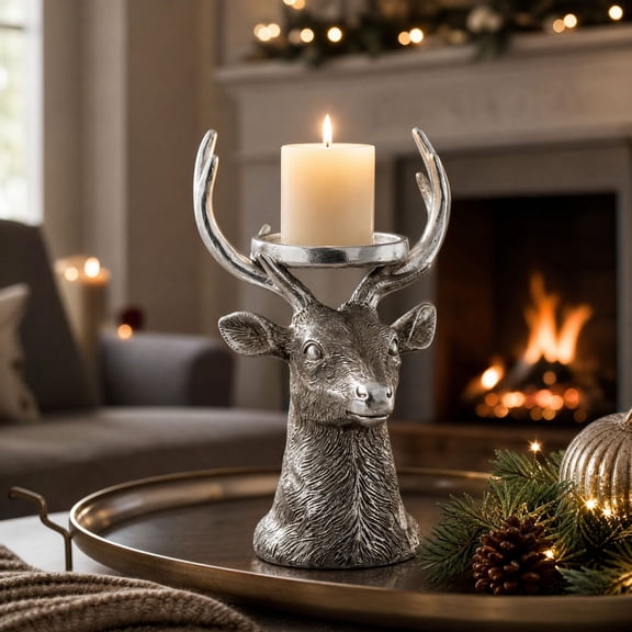 Deer Head Candle Holder Sculpture Freestanding Pillar Candlestick For Holiday Mantel Decor