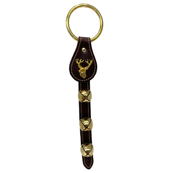 Deer Head Charm Dark Brown Leather Sleigh Bell Door Hanger Made is USA