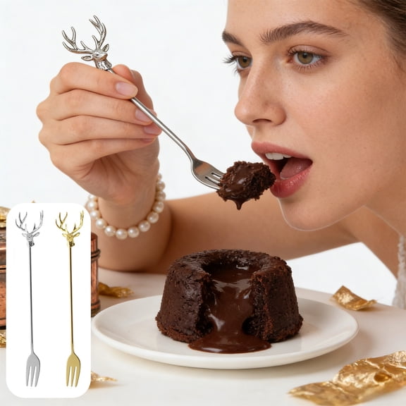 Deer Head Coffee Stirrer Fork Stainless Steel Gold Silver Long Handle Dessert Fruit Fork for Coffee Bar, Cocktails, Tea and Holiday Party Kitchen Decor