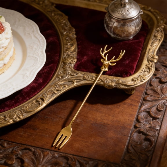 Deer Head Coffee Stirrer Fork | Stainless Steel Long Handle | Gold & Silvery | Dessert Fruit Cocktail Mixing Pick | Rustproof Elegant Tableware for Home Café Holiday Party Decor | 8.07in 21g