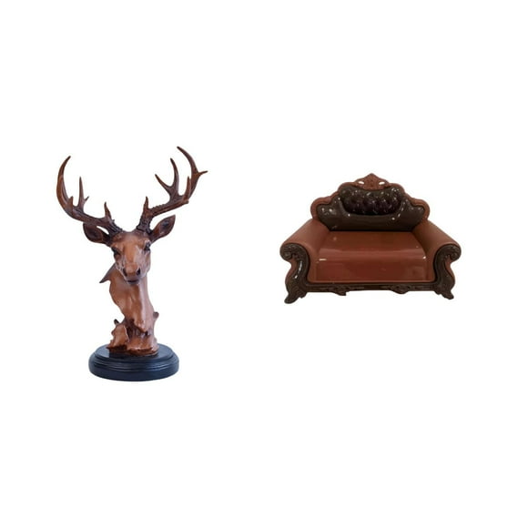 Deer Head Figurine Animal Statue Sofa Model Resin Craft Decorative for Living Room Office Dollhouse Display