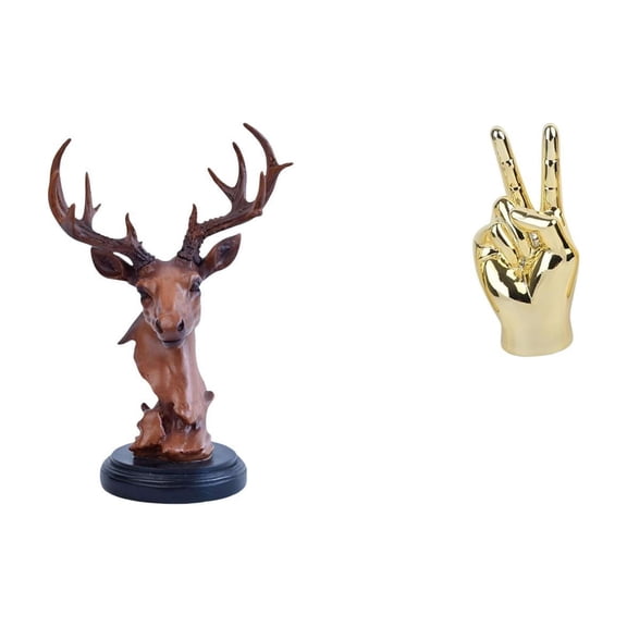 Deer Head Figurine Hand Gesture Sculpture Animal Statue Resin Modern Craft for Living Room Shelf Decor