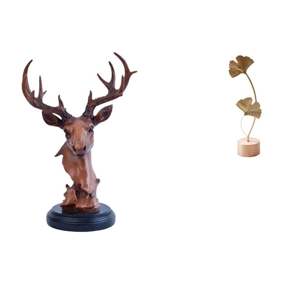 Deer Head Figurine Leaf Sculpture Metal Resin Tabletop Ornament Artistic Home Bedroom Living Room Decor