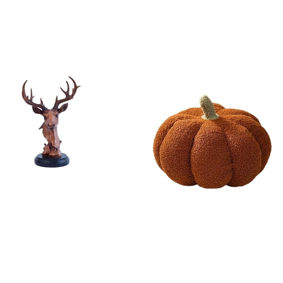 Deer Head Figurine Pumpkin Pillow Animal Statue Plush Material for Bedroom Sofa Shelf Decor