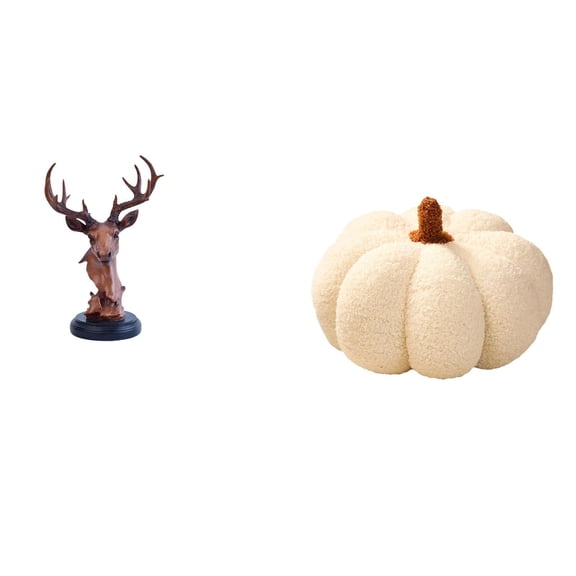 Deer Head Figurine Pumpkin Pillow Animal Statue Resin Plush Material Decorative for Bedroom Living Room Shelf