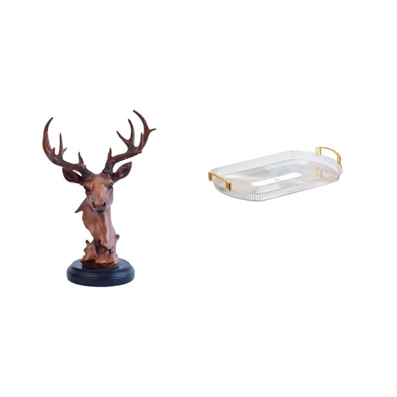 Deer Head Figurine Rectangle Serving Tray Animal Statue Resin Material for Home Office Bedroom Decor