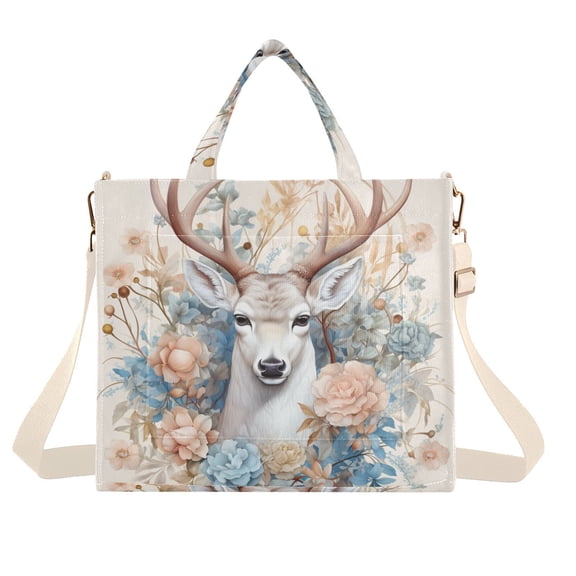 Deer Head Floral Flowers Corduroy Tote Bag Handbag Large Messenger Bag Shoulder Crossbody Zipper Bag Purse