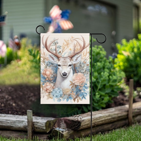 Deer Head Floral Flowers Garden Flag Double Sided Outdoor Banners for Courtyard Outdoor Lawn Farmhouse Holiday Decorations