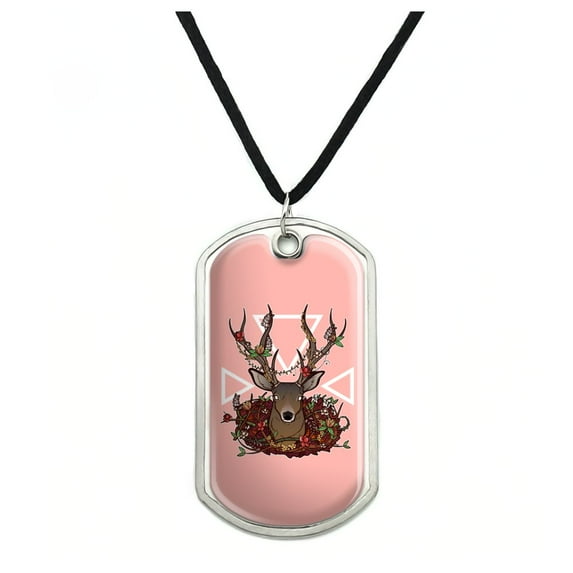 Deer Head Floral Military Dog Tag Pendant Necklace with Cord