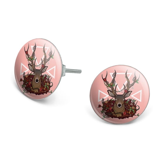 Deer Head Floral Novelty Silver Plated Stud Earrings