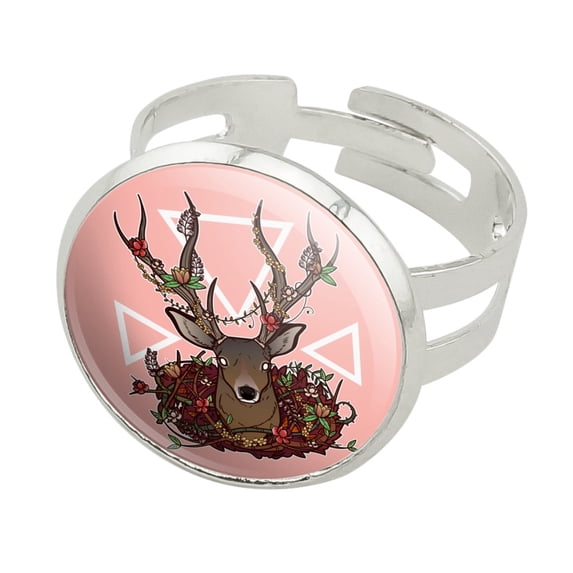 Deer Head Floral Silver Plated Adjustable Novelty Ring