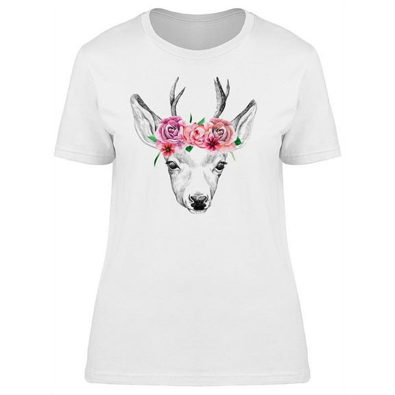 Deer Head In Pencil Art Flowers T-Shirt Women -Image by Shutterstock, Female Large