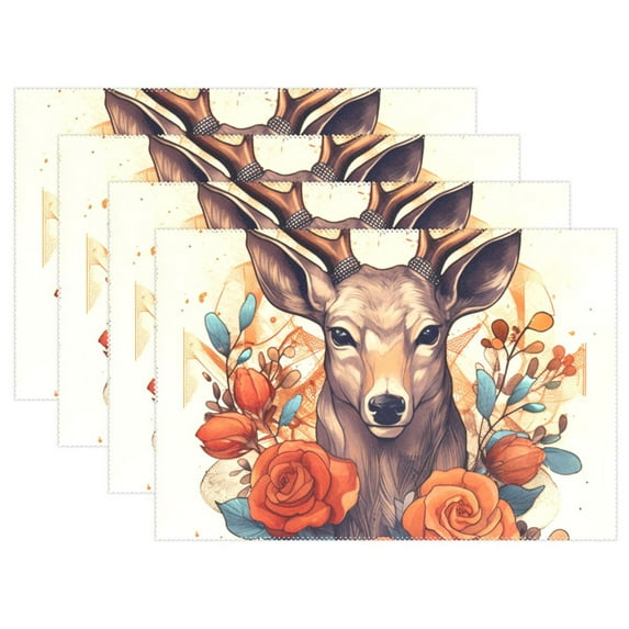 Deer Head Roses Flowers Floral 12×18 inch Placemats Heat Resistant Washable Foldable Rectangular Placemats Set Decoration Indoor Outdoor for Kitchen Dining Table 1PC