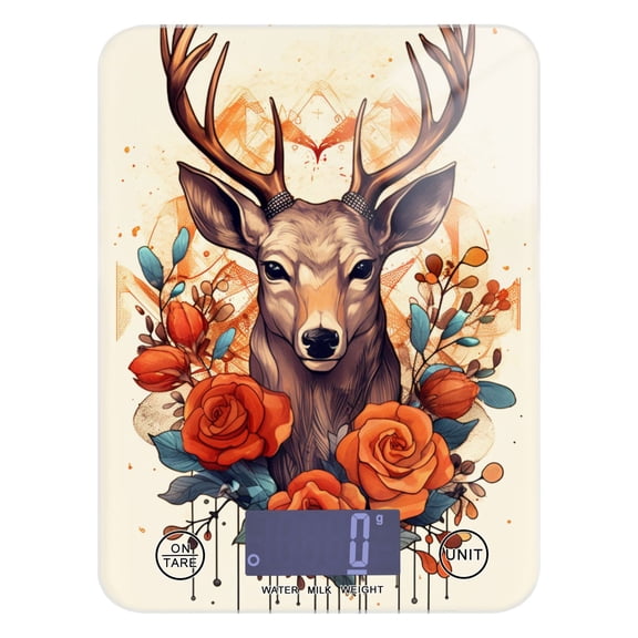 Deer Head Roses Flowers Floral Food Scale Digital Kitchen Scale Waterproof Tempered Glass Tare Function 11 lb for Baking Cooking Meal Prep