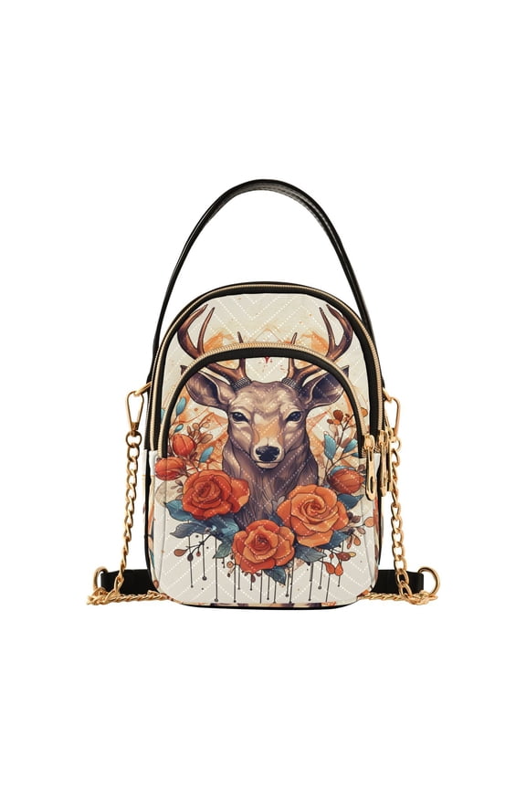 Deer Head Roses Flowers Floral Women Quilting Handbags Shoulder Bag Cross Body Bag with Crossbody Strap Hobo Bags Chain Strap